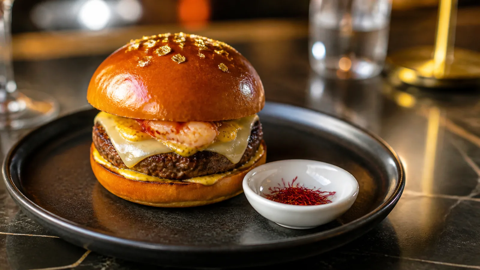 Premium burger served with Iranian saffron sauce and saffron threads