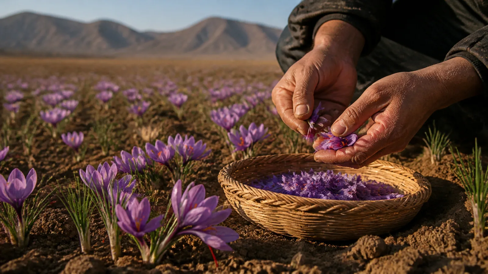 Hands gathering saffron flowers in a dry North Khorasan field