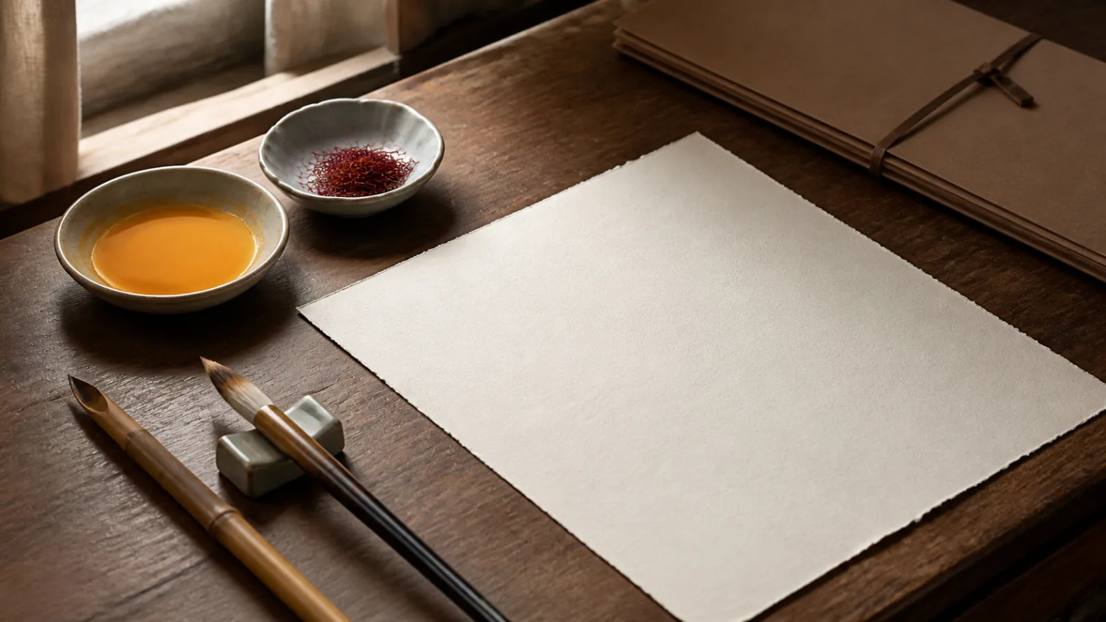 Saffron pigment, reed pen and blank paper prepared for memorial calligraphy