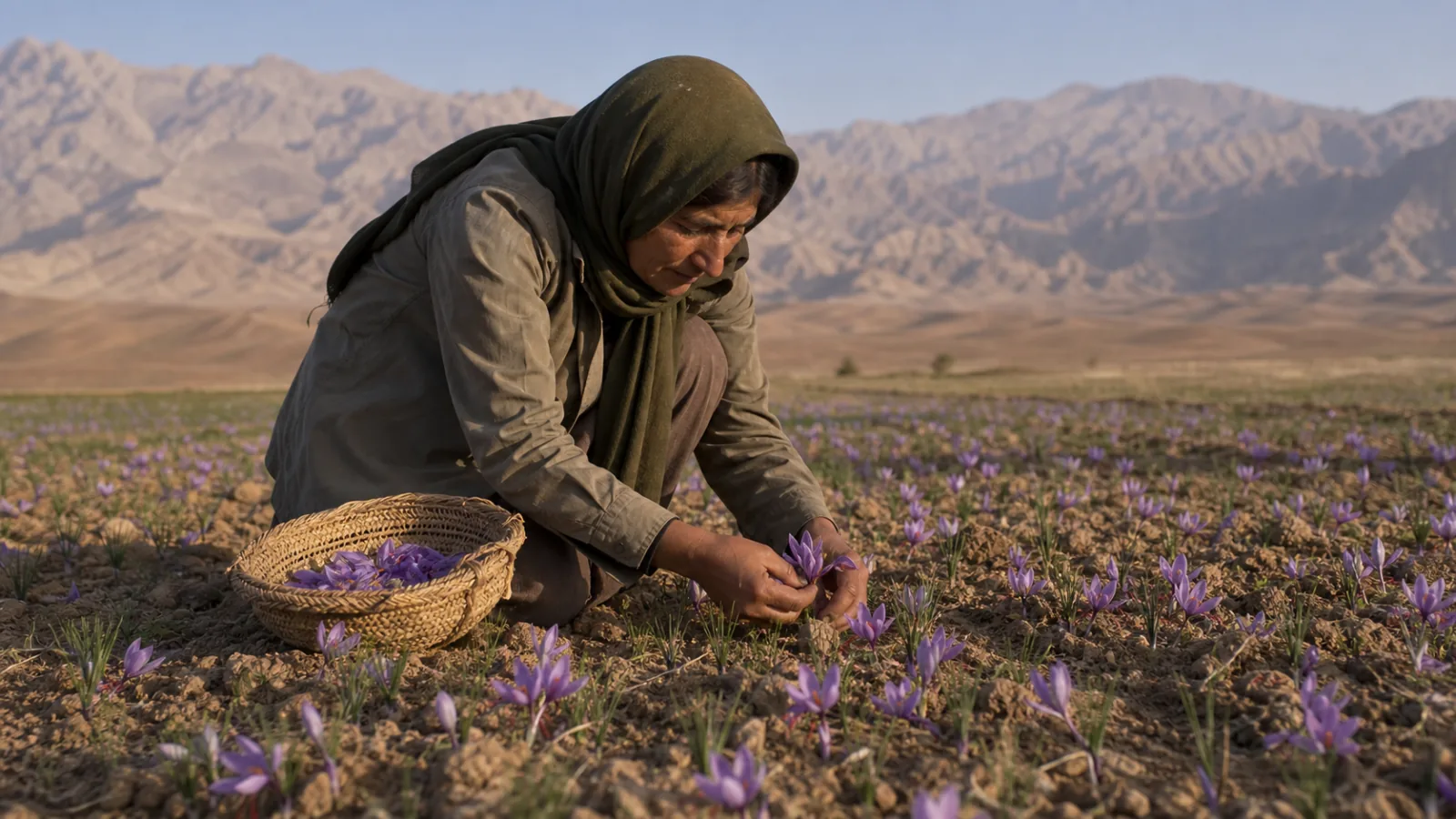 Saffron flowers picked by hand in a dry Kohbanan field
