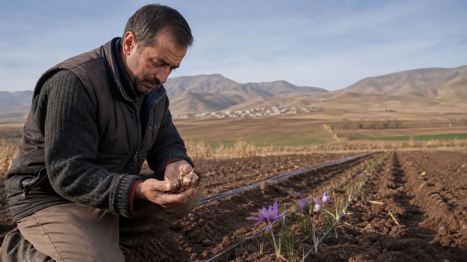 Grower inspecting saffron corms in an East Azarbaijan field