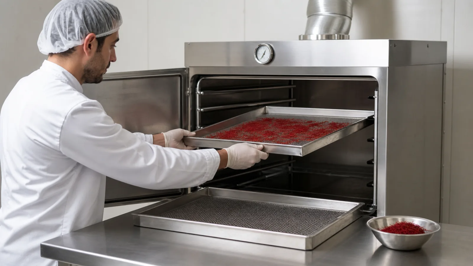 Technician loading saffron stigmas into a tray drying machine