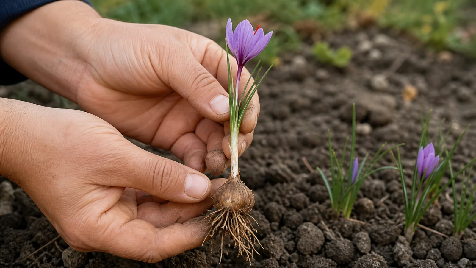 Saffron crocus flower with its underground corm and roots