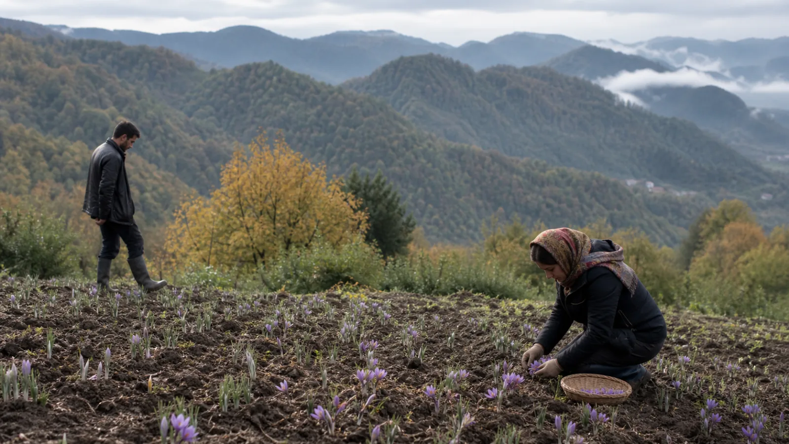 Farmers harvesting saffron on an upland slope near Sari