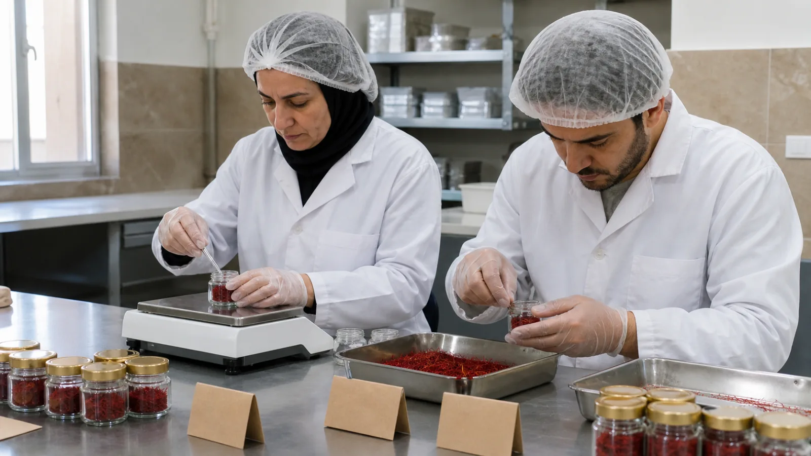 Workers weighing and packing saffron into glass jars in a clean facility