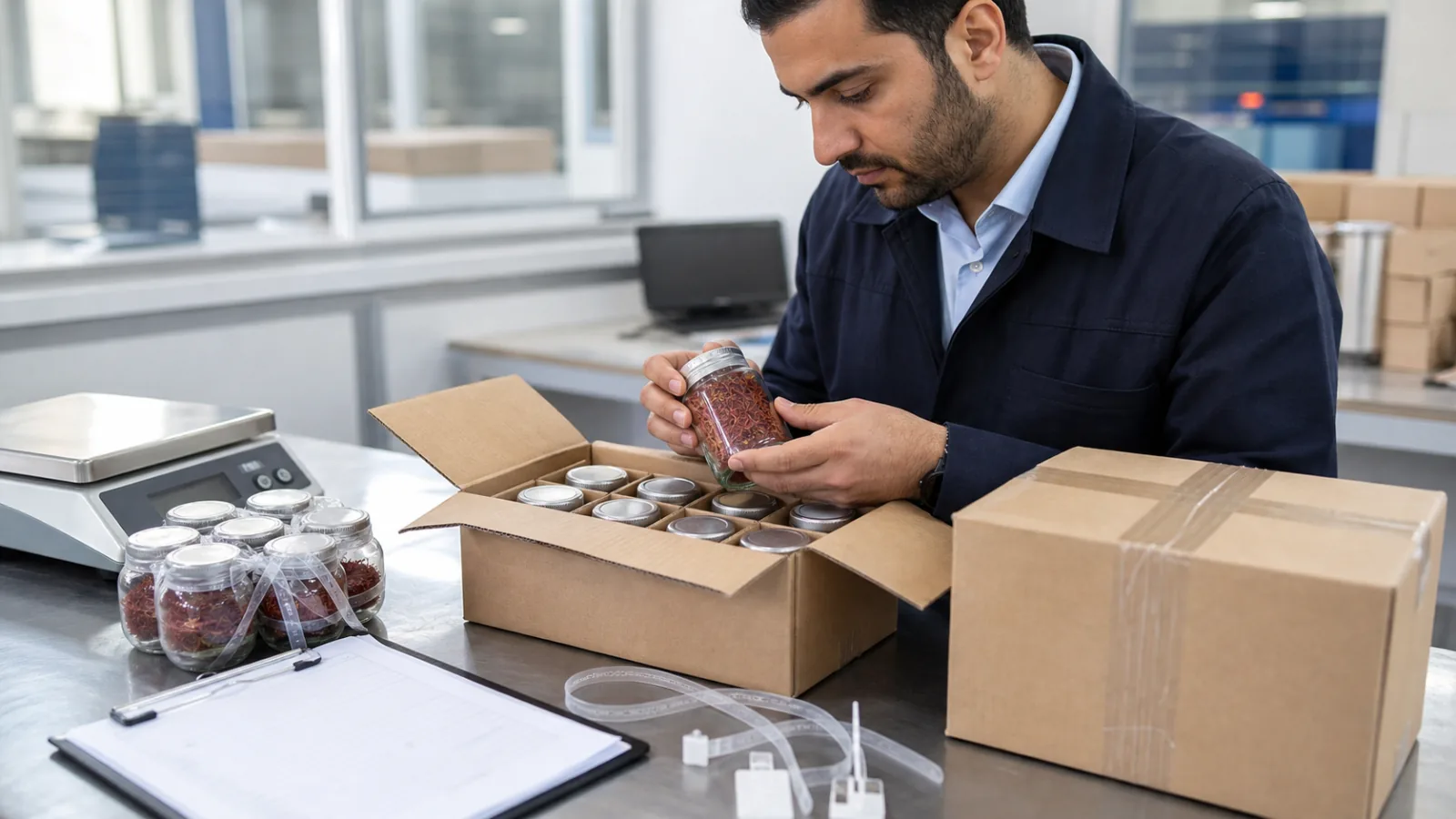 Inspector checking packaged saffron in an export workspace
