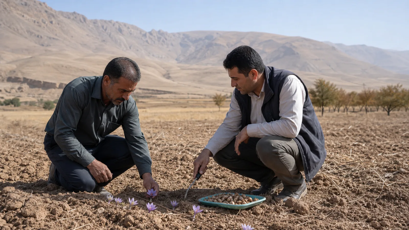 Farmer and adviser checking soil and saffron corms in Fars Province