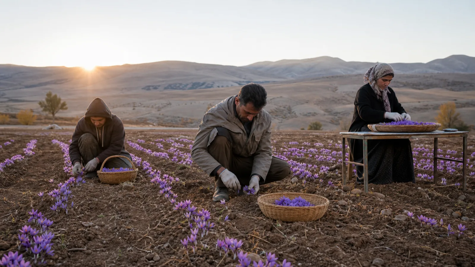 Farm workers harvesting saffron flowers in Kermanshah Province