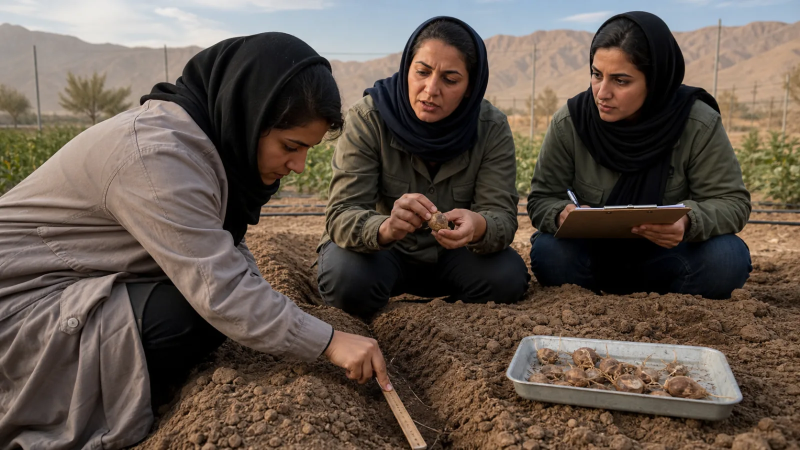 Women learning to plant saffron corms in a Bushehr training plot