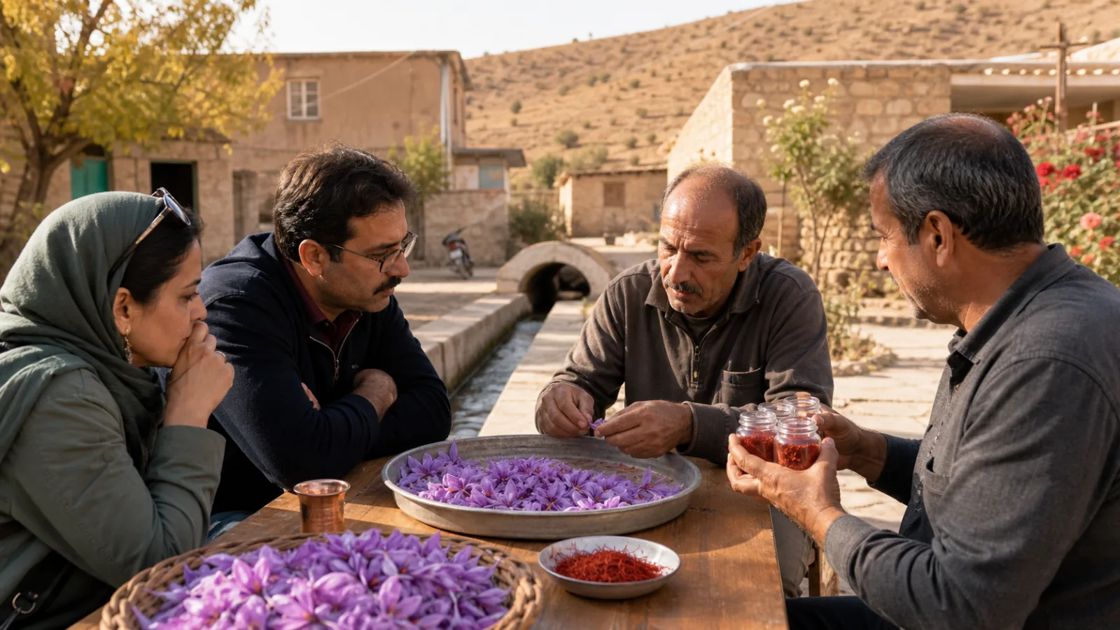 Saffron growers hosting visitors at a village gathering in Isfahan Province
