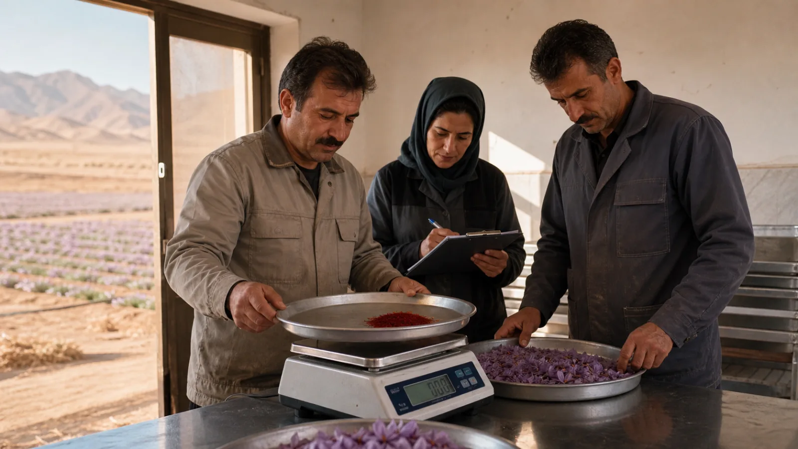 Growers weighing saffron and recording a harvest lot in South Khorasan