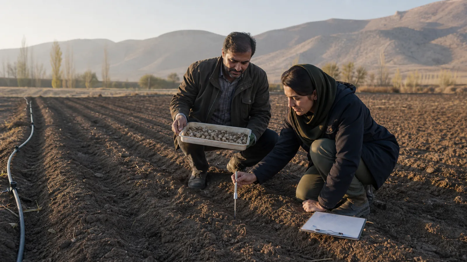 Farmer and agronomist inspecting soil and saffron corms in Isfahan Province
