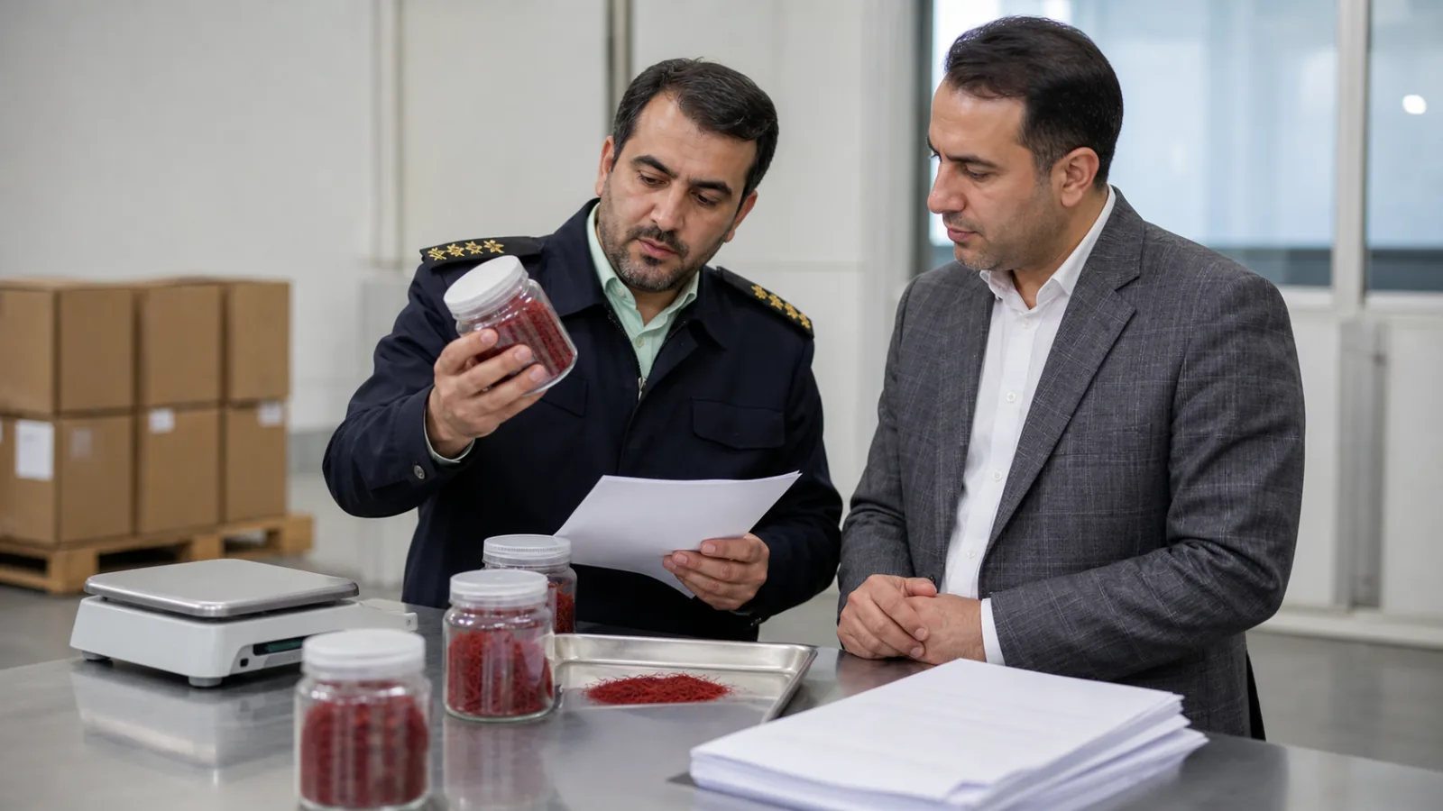 Customs inspector reviewing a Khorasan saffron export lot and documents
