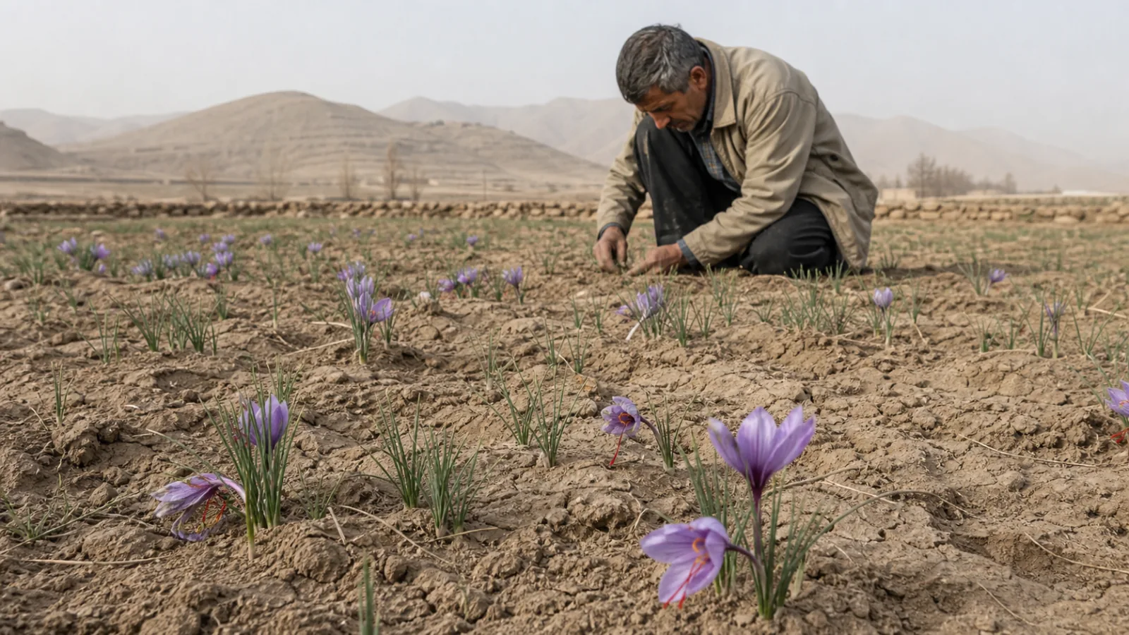 Farmer inspecting drought- and frost-stressed saffron plants in Rastkhar