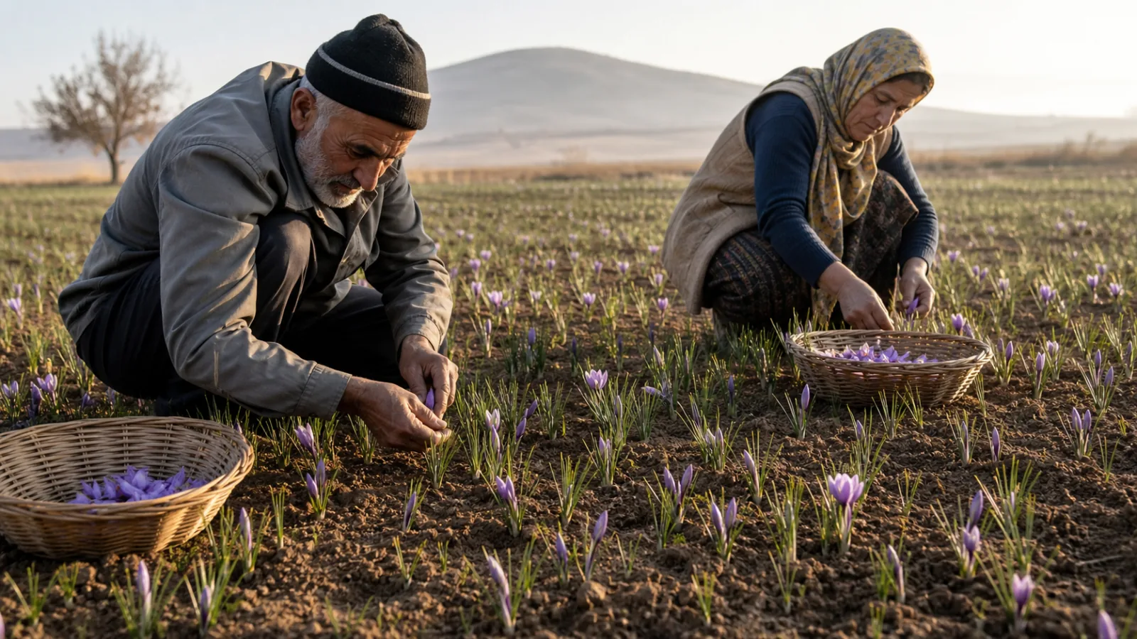 Two farmers picking saffron flowers in a field near Sarein city