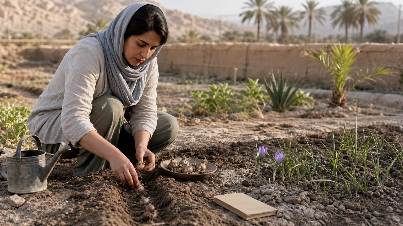 Woman planting saffron corms in a small trial garden near Bandar Abbas