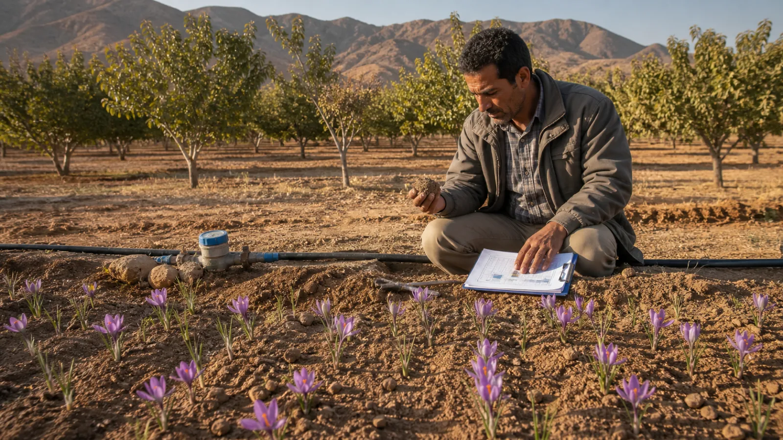 Kerman farmer comparing a saffron trial plot with an established pistachio orchard