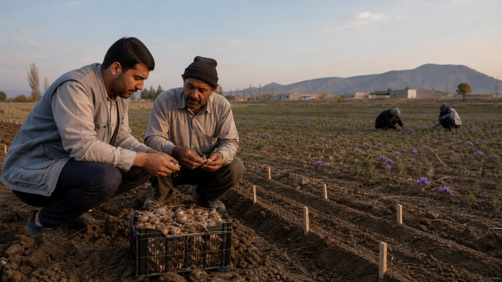 Khomein growers inspecting saffron corms beside new rows and a flowering field