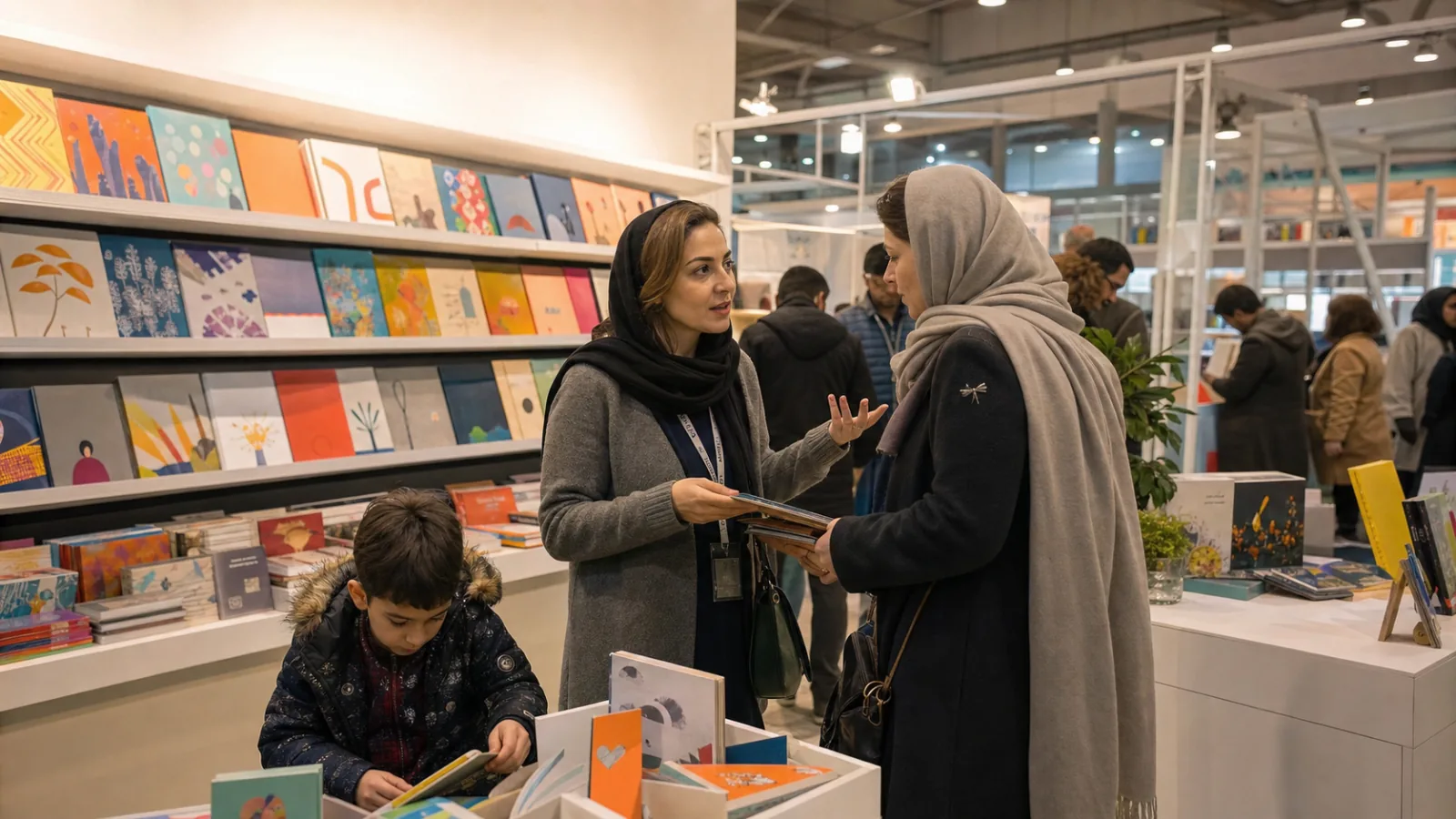 Children and adults browsing a modern publishing stand at a book fair