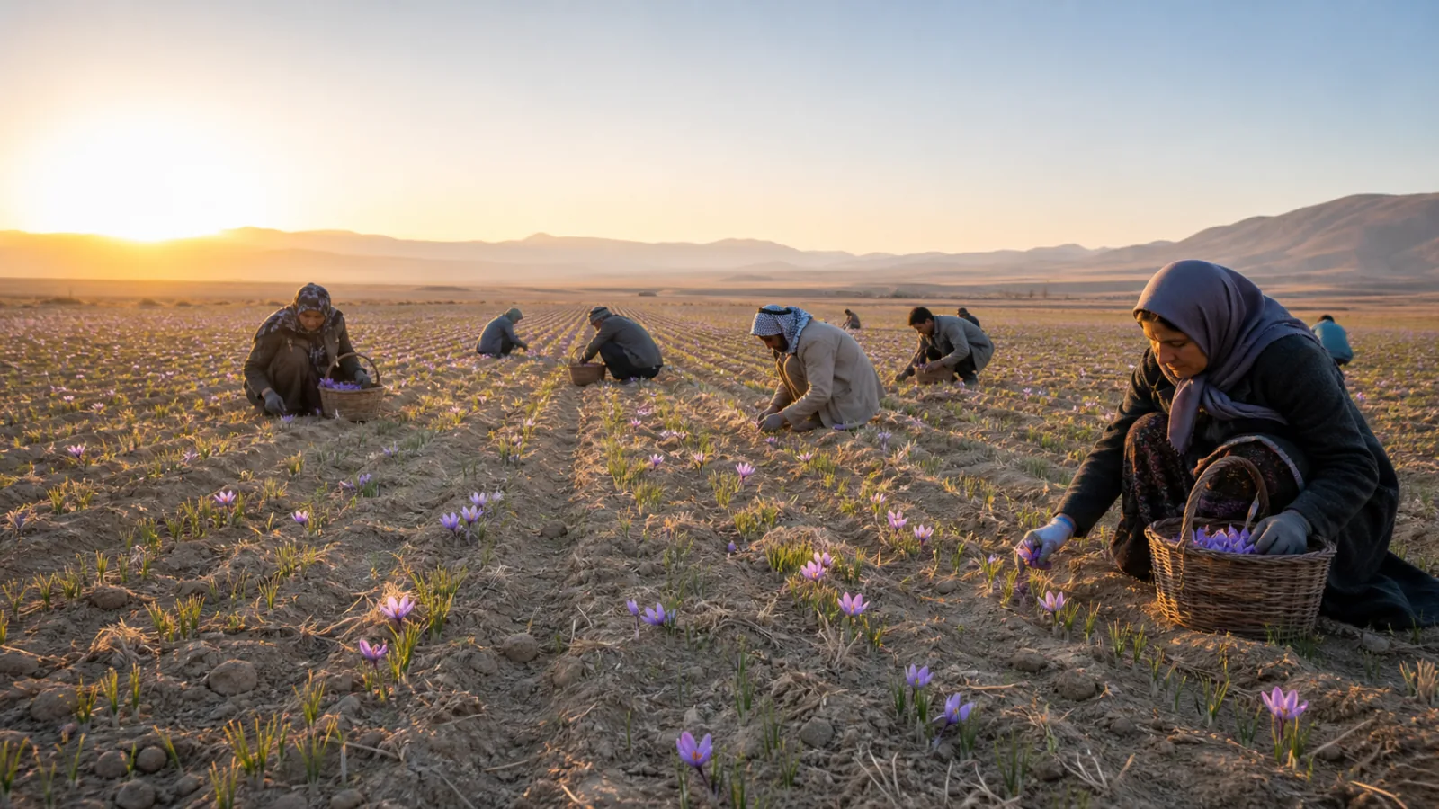 Workers hand-picking purple saffron flowers in a field near Sarayan