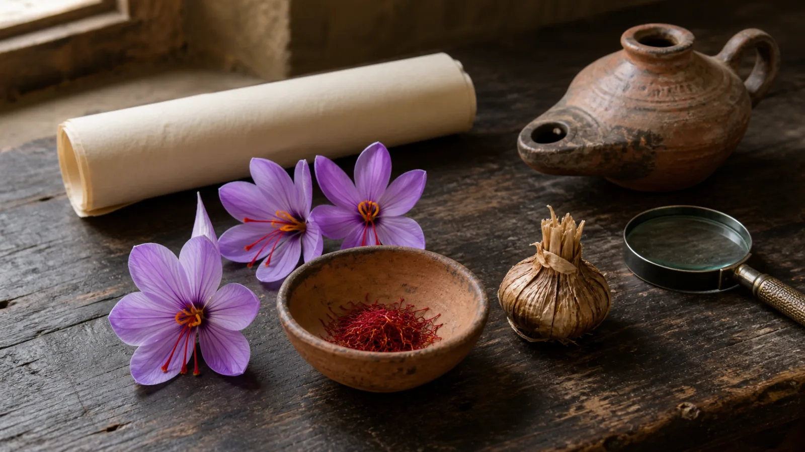 Crocus sativus flowers, saffron threads, a corm and historical objects on a wooden table
