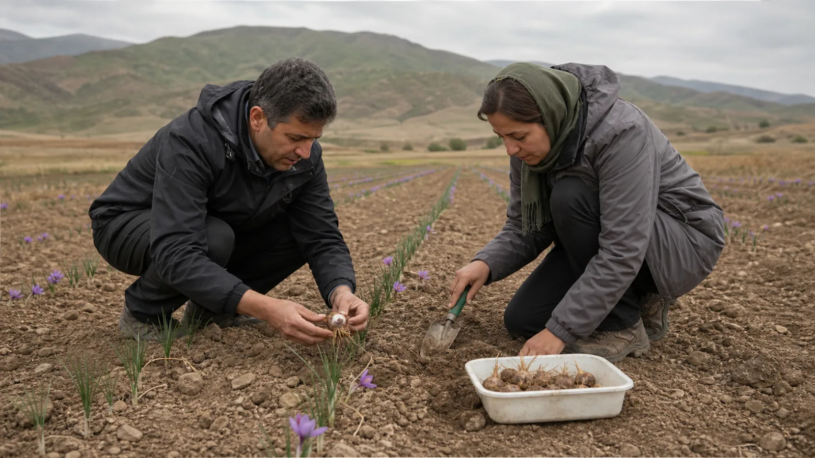 Agricultural specialists inspecting saffron corms and soil in a Golestan trial field