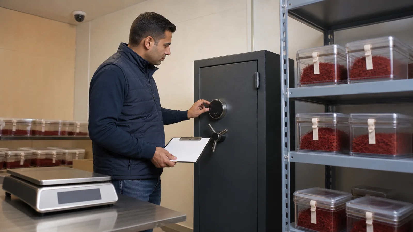 Warehouse manager checking a closed safe beside sealed saffron inventory