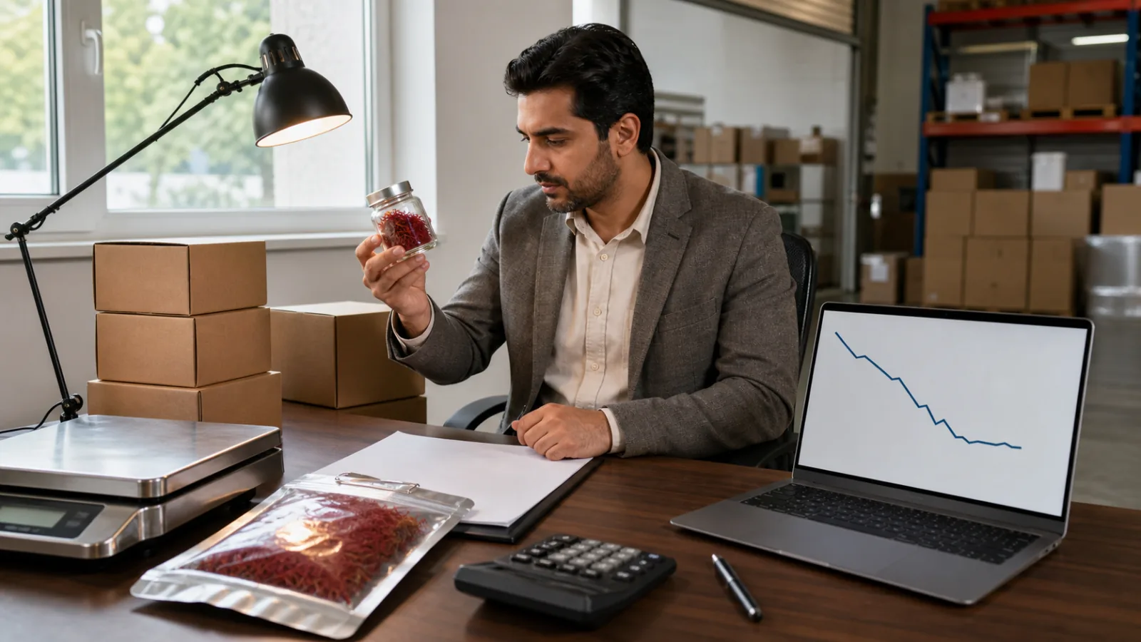 Saffron exporter inspecting a sealed sample beside an unlabeled falling market chart