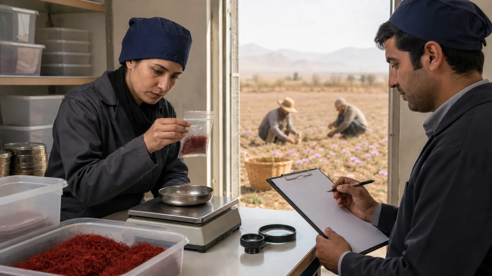 Technicians inspecting and recording a saffron lot beside a Khorasan field