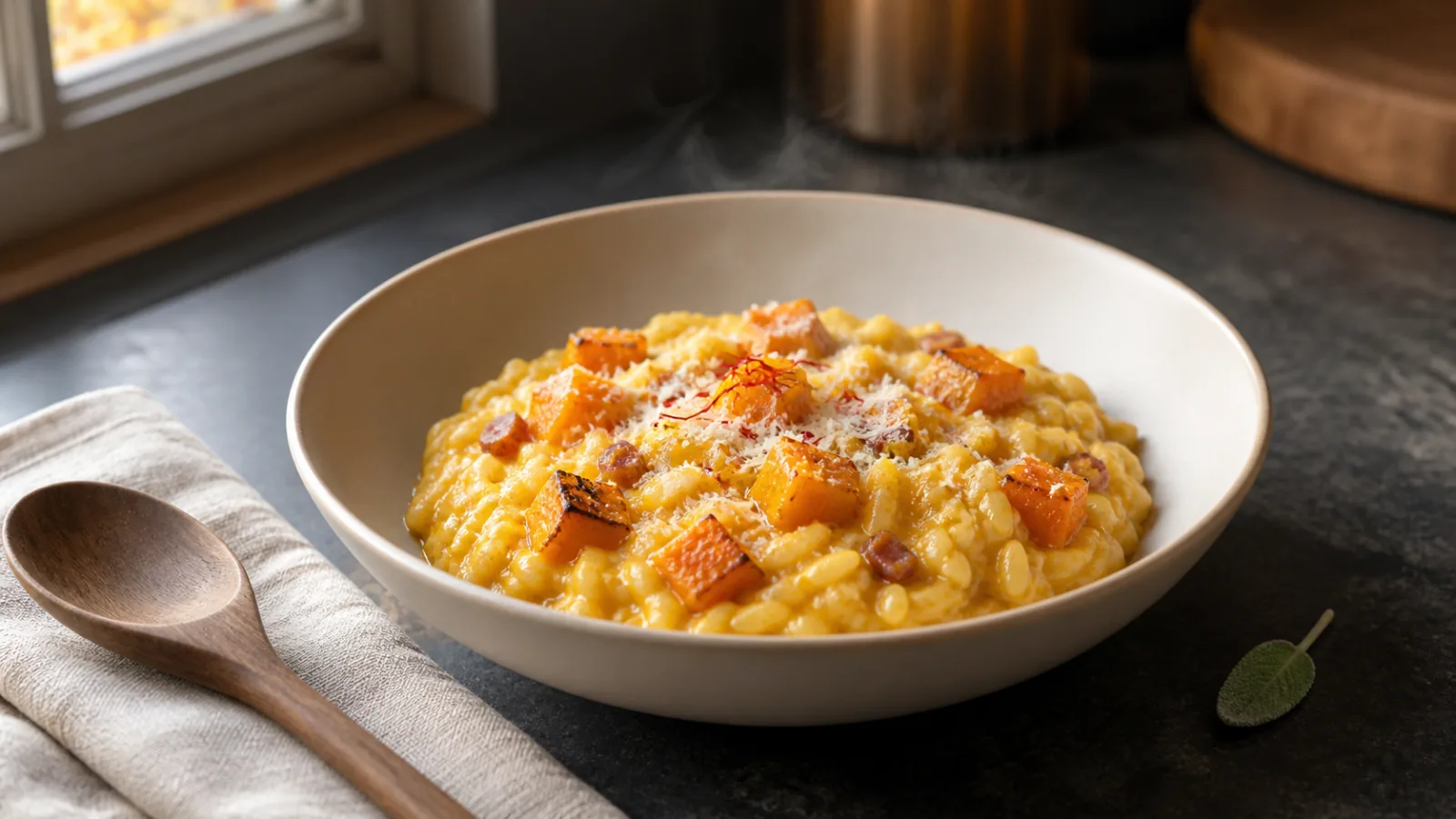 Creamy saffron risotto with roasted butternut squash and Parmesan
