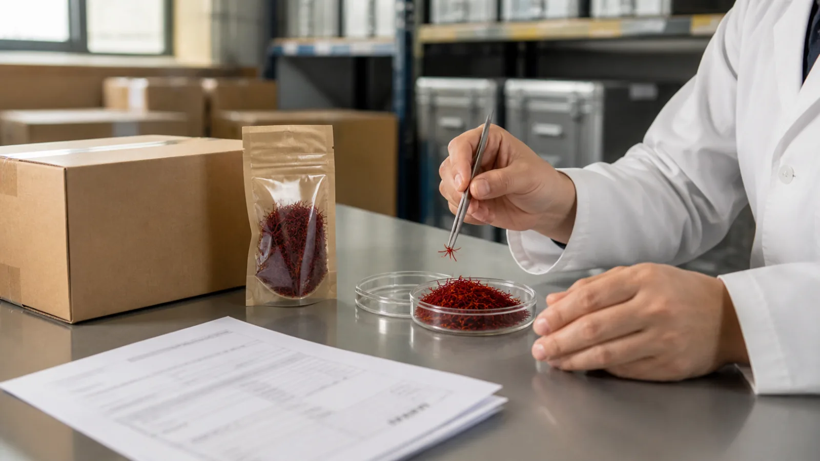 Quality inspector checking saffron threads beside export packaging and shipping documents