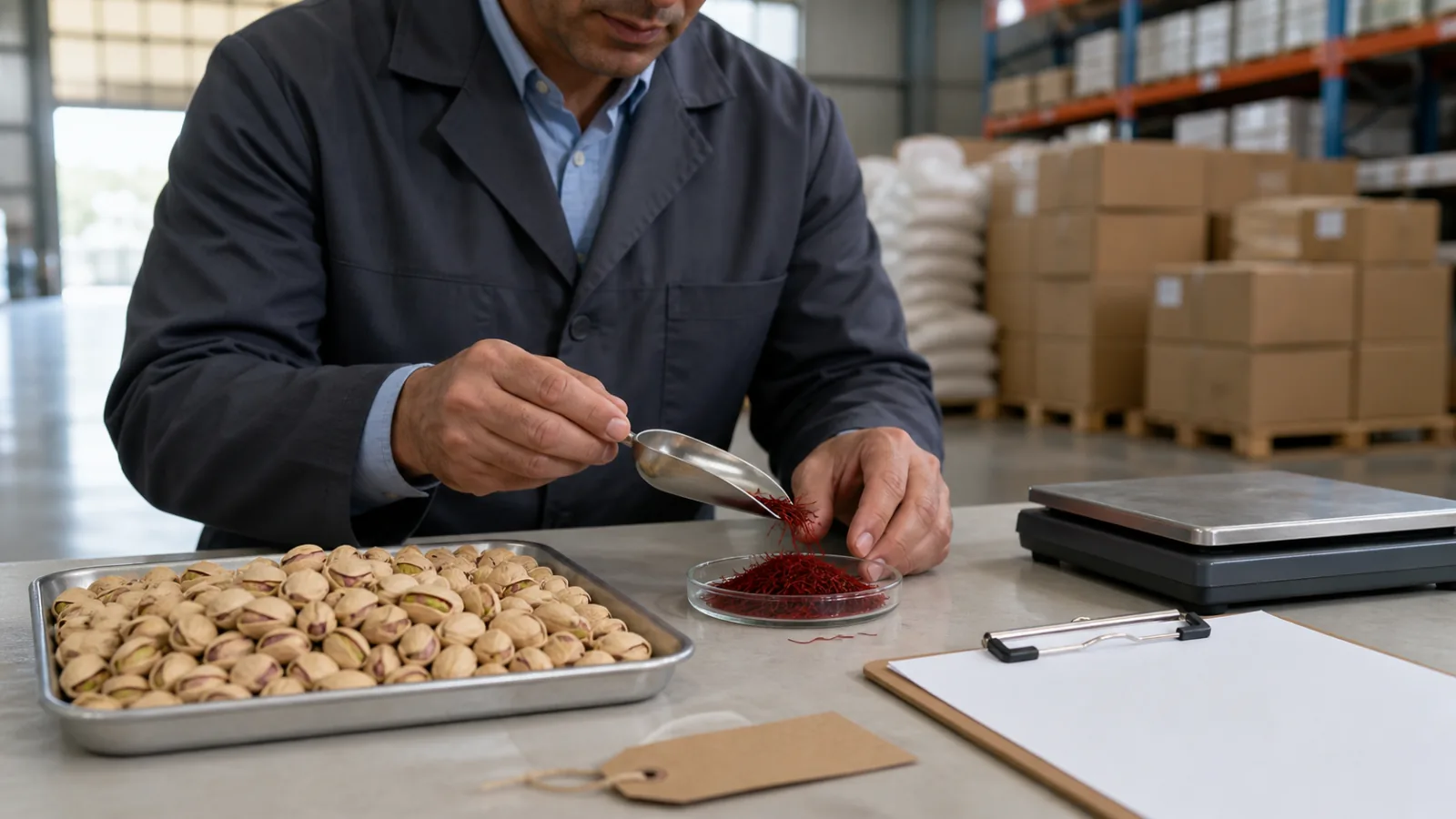 Inspector comparing saffron threads and pistachios in a food-grade warehouse