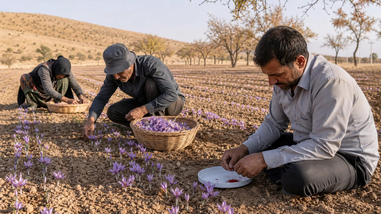 Workers harvesting saffron flowers and separating a small amount of stigmas in a dry Fars field