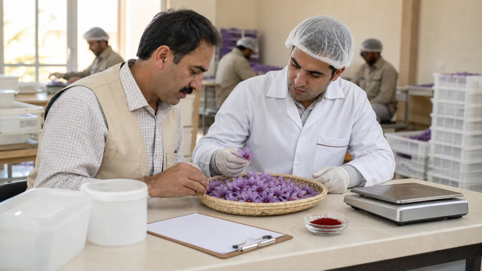 Grower and cooperative worker inspecting fresh saffron flowers beside dried threads and a scale