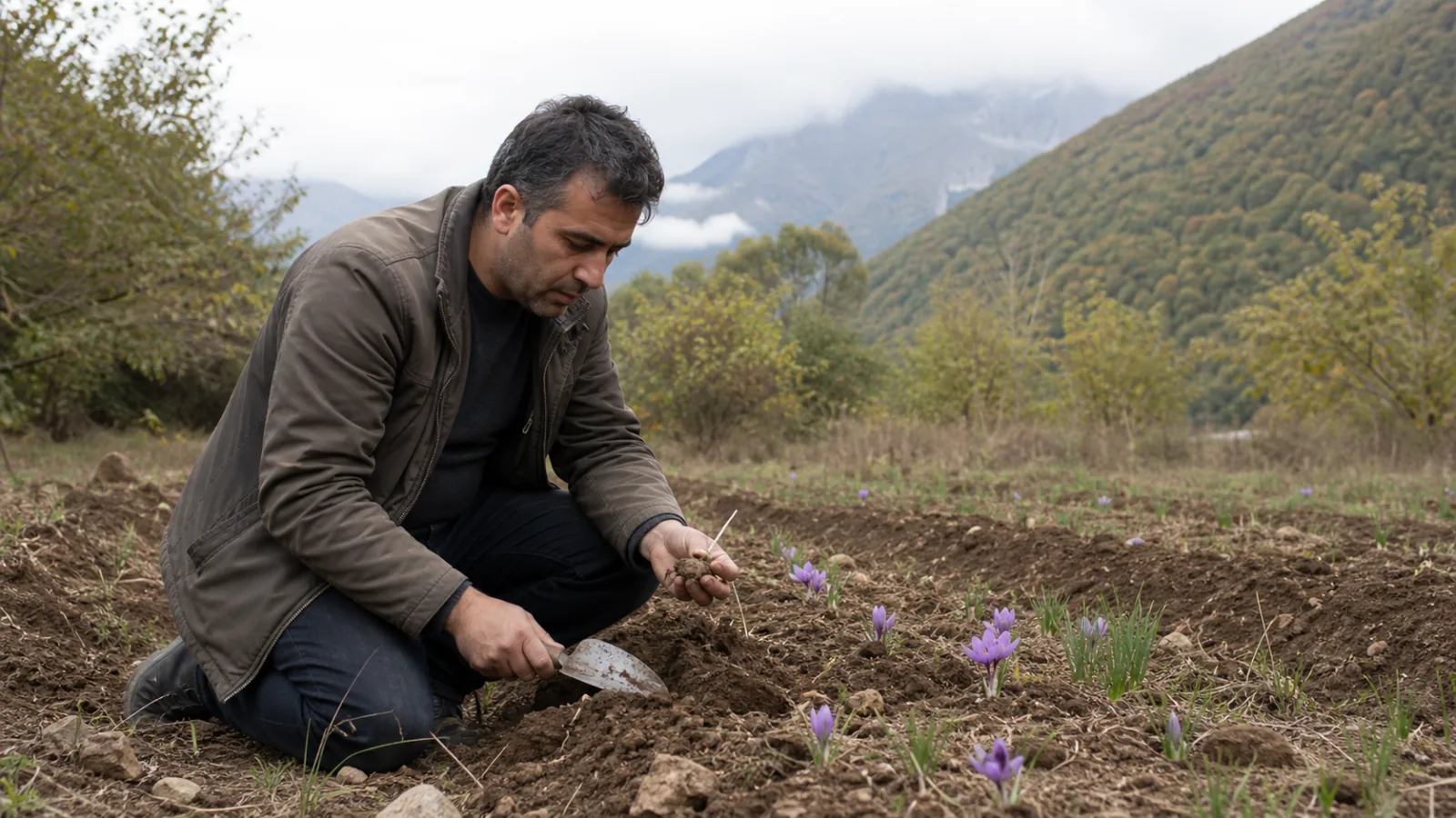 Farmer inspecting a small saffron trial plot in the mountains near Chalus