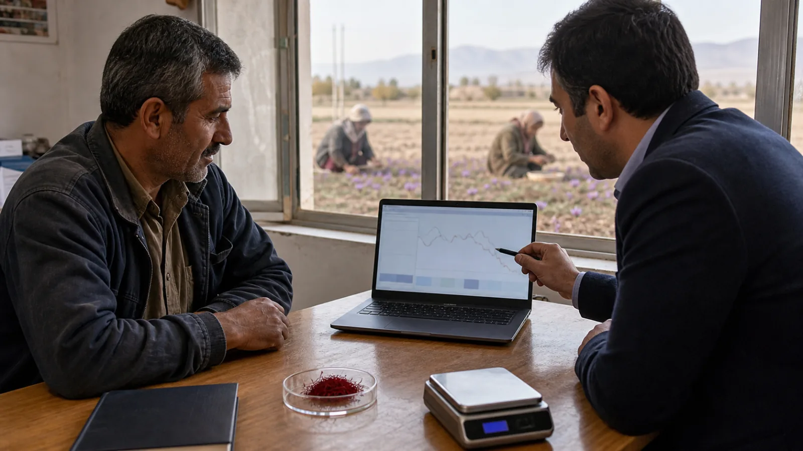 Saffron grower reviewing a harvest-season price chart with a market adviser