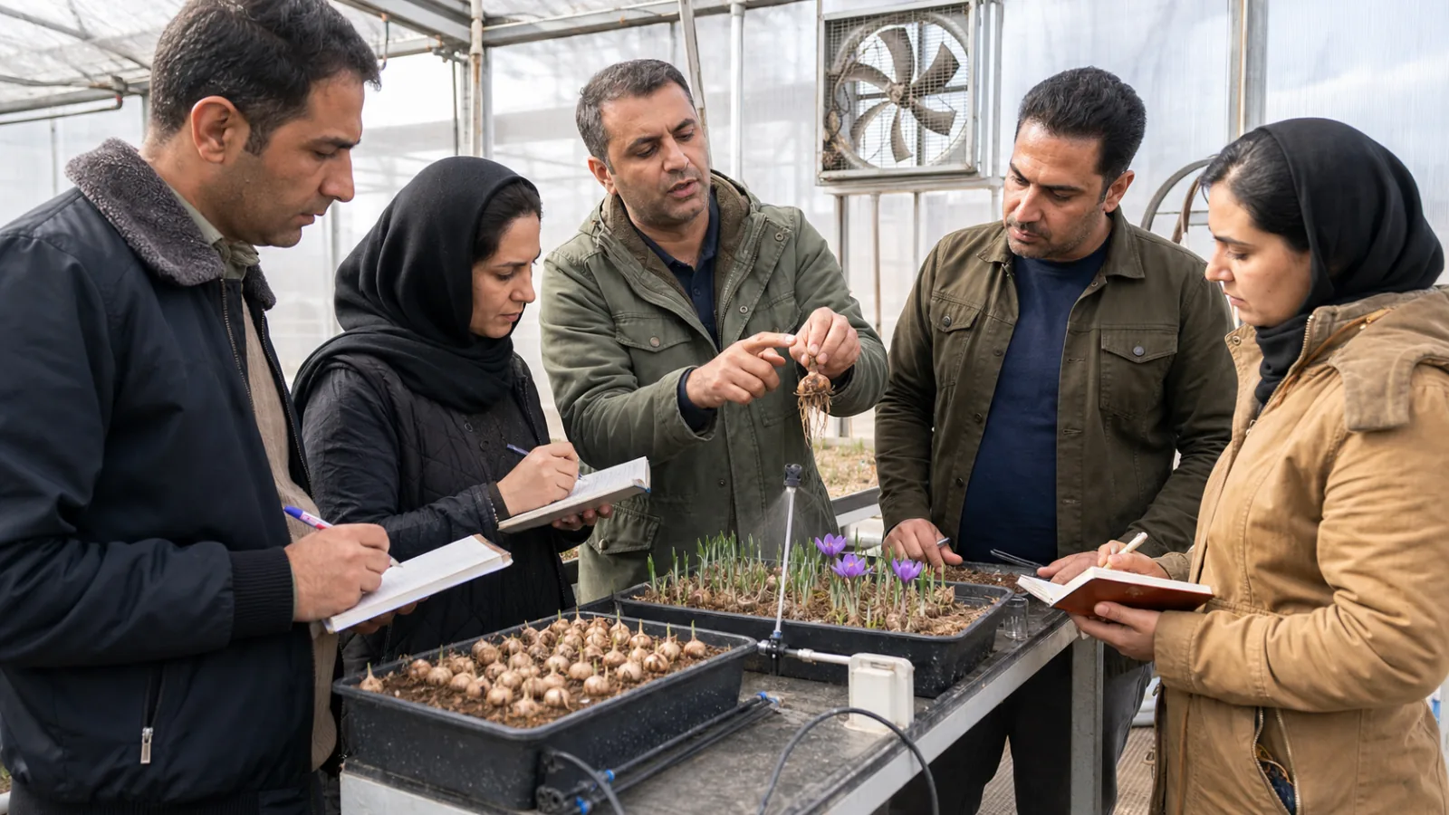 Mahabad greenhouse workshop participants examining saffron corms and irrigation trays
