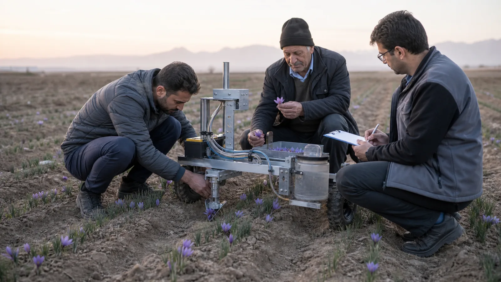 Engineers and farmer testing a small saffron harvesting machine in Torbat Heydarieh
