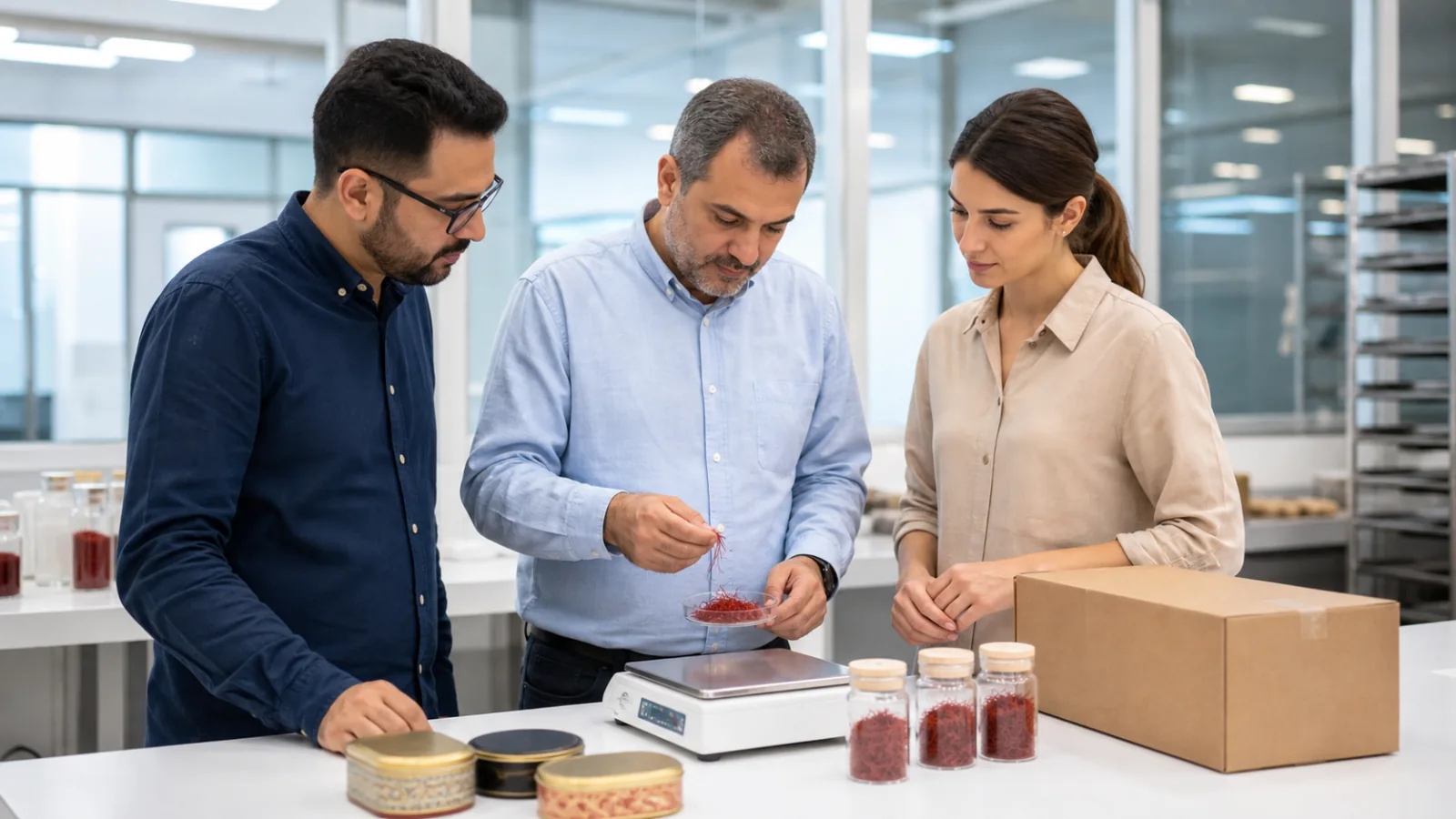 Export-quality saffron sample and sealed retail packaging reviewed by international buyers