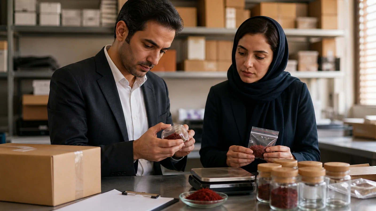 Trade professionals inspecting saffron samples before an Iran-Afghanistan shipment