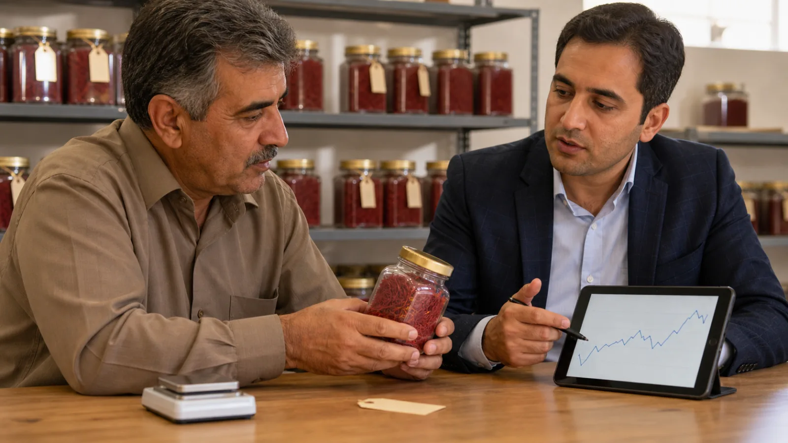 Saffron grower and market analyst reviewing a warehouse lot and price chart
