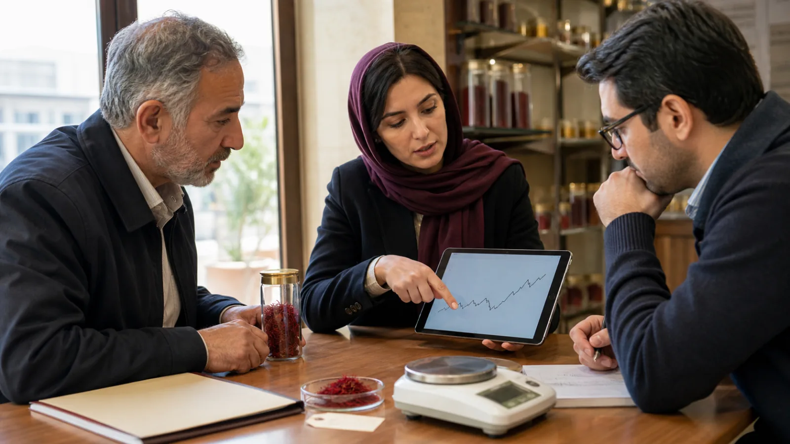 Saffron grower, exporter and analyst comparing a physical sample with a price chart