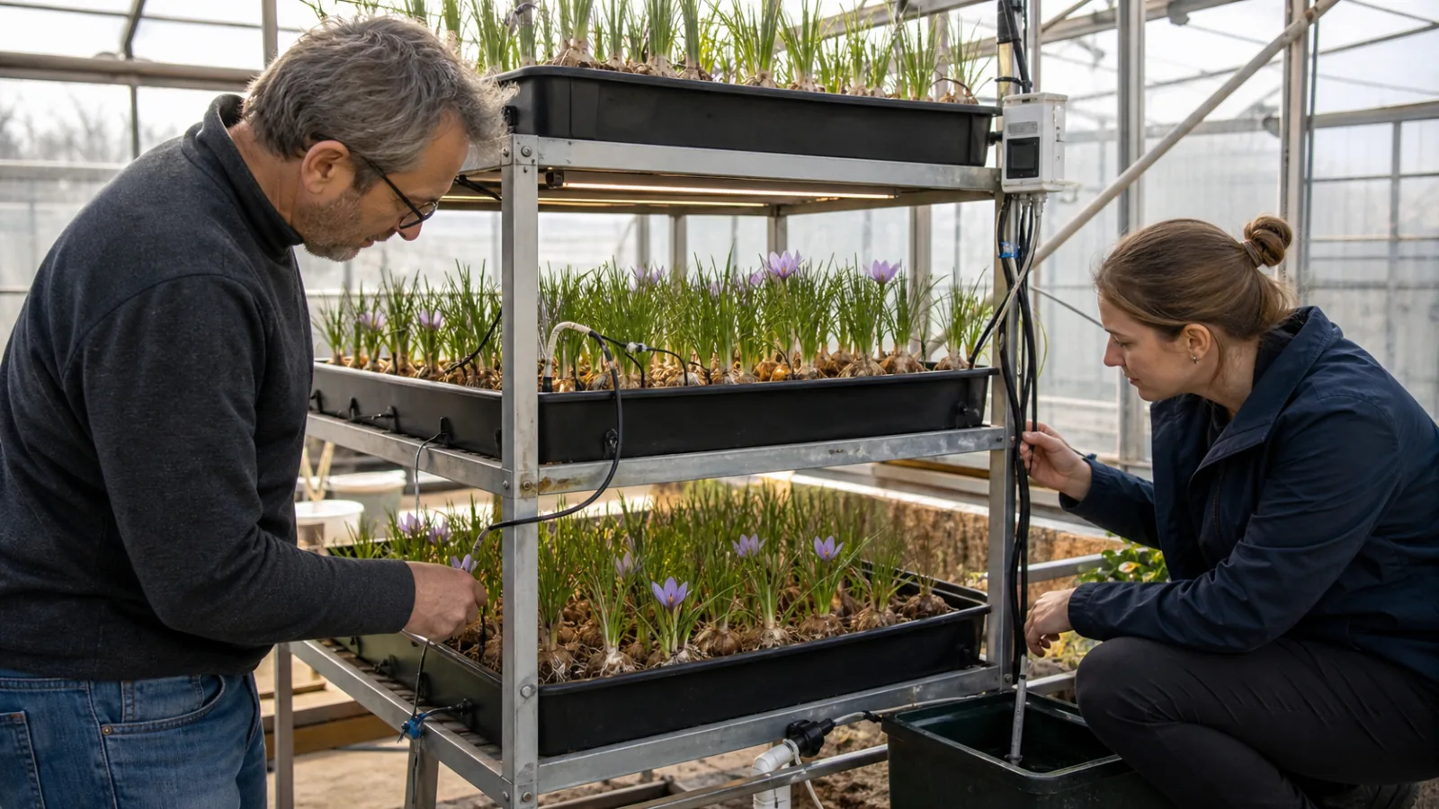 Grower and horticulture technician inspecting hydroponic saffron on multi-tier greenhouse racks