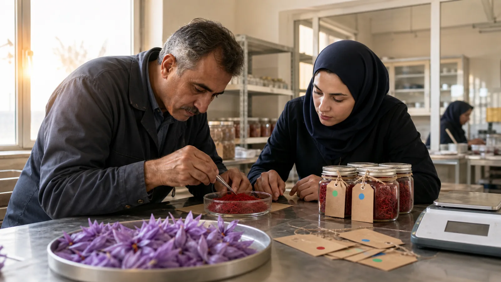 Saffron grower and quality specialist inspecting threads beside traceable glass jars