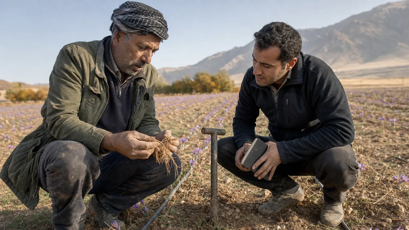 Experienced saffron grower and agronomist examining corm roots in a Kermanshah field