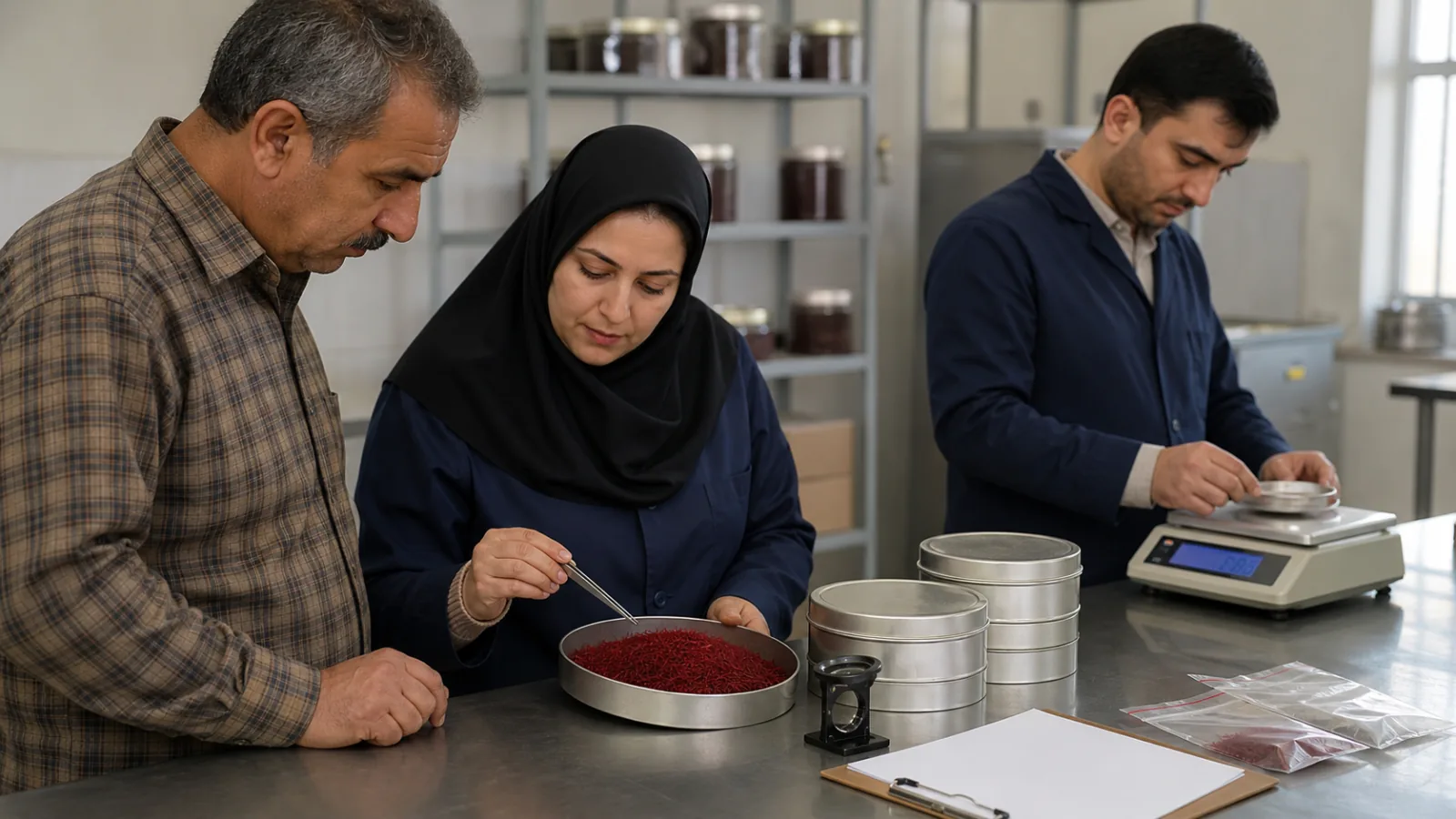 Farmer and cooperative quality staff grading saffron at an intake table