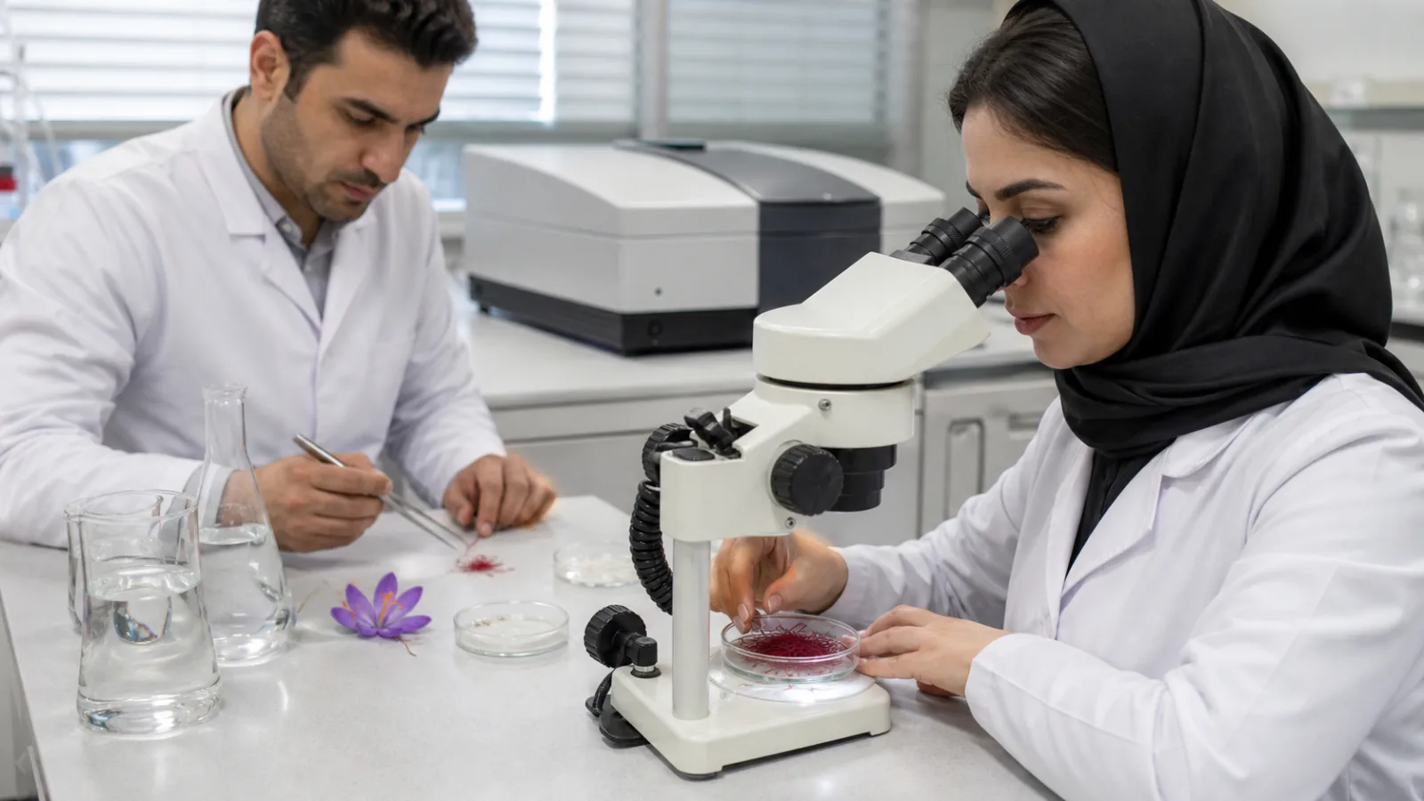 Food laboratory analysts examining original saffron filaments under a stereo microscope