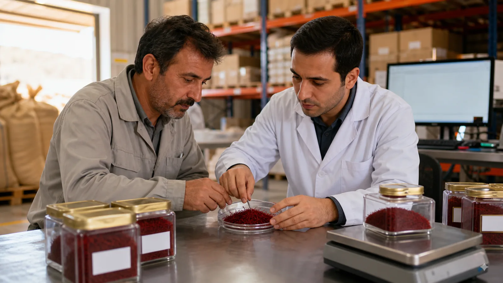Farmer and warehouse inspector checking a sealed saffron lot for commodity trading