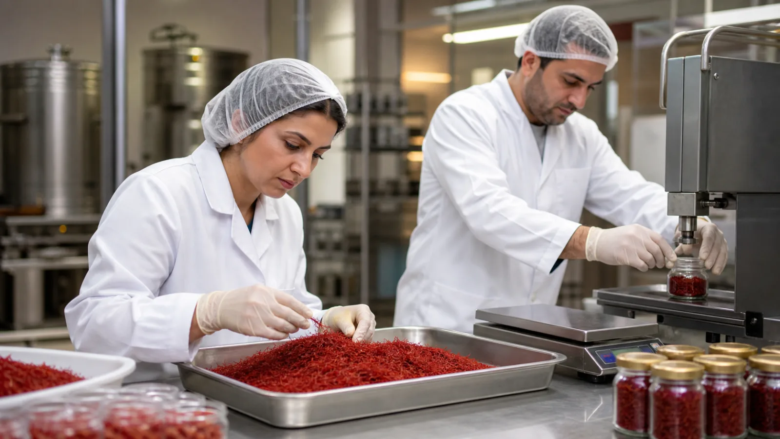 Workers inspecting and packing Iranian saffron in a modern processing room