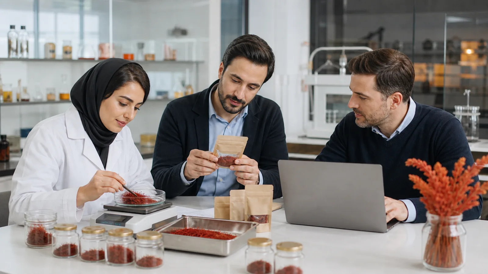 Food scientist and business partners reviewing an Iranian saffron product prototype